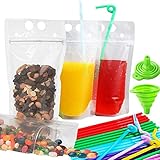 Drink Bag Plastic Pouches Zipper Bags with Drink Straws,Travel Take Out Container Food Bag Container, Heavy Duty Hand-Held Translucent Reclosable Heat-Proof Bag 2.4 Bottom Gusset
