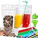 Drink Bag Plastic Pouches Zipper Bags with Drink Straws,Travel Take Out Container Food Bag Container, Heavy Duty Hand-Held Translucent Reclosable Heat-Proof Bag 2.4 Bottom Gusset primary
