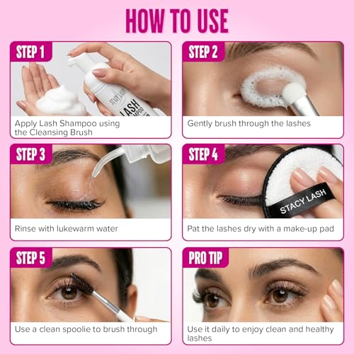 STACY LASH Lash Shampoo 50ml Kit Korean Makeup Remover with Eye Lash Spoolies & Rinse Bottle & Cleansing Pad & Brush for Eyelash Extensions & Clusters & Natural Eyelashes