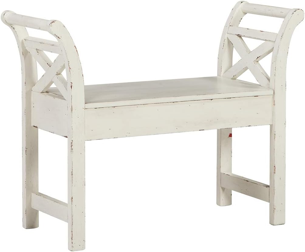 Amazon Com Signature Design By Ashley Heron Ridge Storage Accent Bench Antique White Finish Hinged Seat Furniture Decor