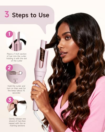 5 in 1 Auto Curling Iron Set with Interchangeable Barrels - 1", 1.25", 1.5" Curling Wand, Hair Crimper & Straightening Brush, Rotating Ceramic Curler, 3 Temp, Dual Voltage, Anti-Scald, Pink