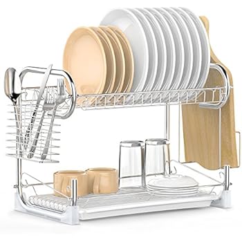 Dish Drying Rack, iSPECLE 2-Tier Dish Rack with Utensil Holder, Cutting Board Holder and Dish Drainer for Kitchen Counter, Plated Chrome Dish Dryer Silver
