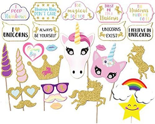 Unicorn Birthday Party Photo Booth Props 26pcs DIY Kit Dress Up for Bithday, Wedding, Bachelor Party