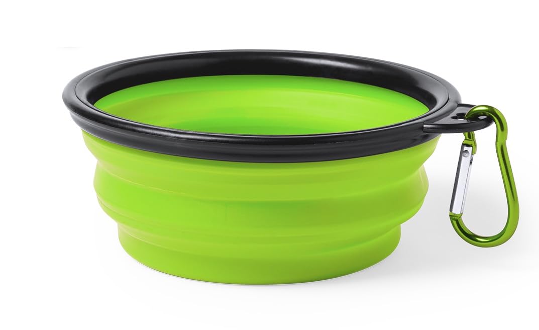 Collapsible Bowl for Dogs and Cats - Pet Feeder - Portable Travel Container - Portable Water Bowl with Metal Hook - Easy to Carry - Feeder and Drinker (Green)