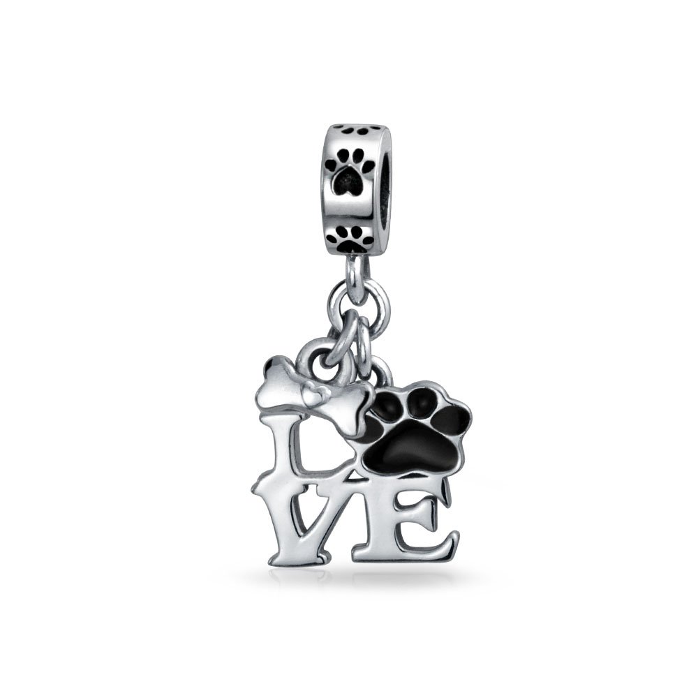 Bling Jewelry BFF Pet Animal Lover Black Dog Cat Puppy Kitten I Love You Paw Print Dangle Charm Bead Women Teen Enamel .925 Silver Fits European Bracelet