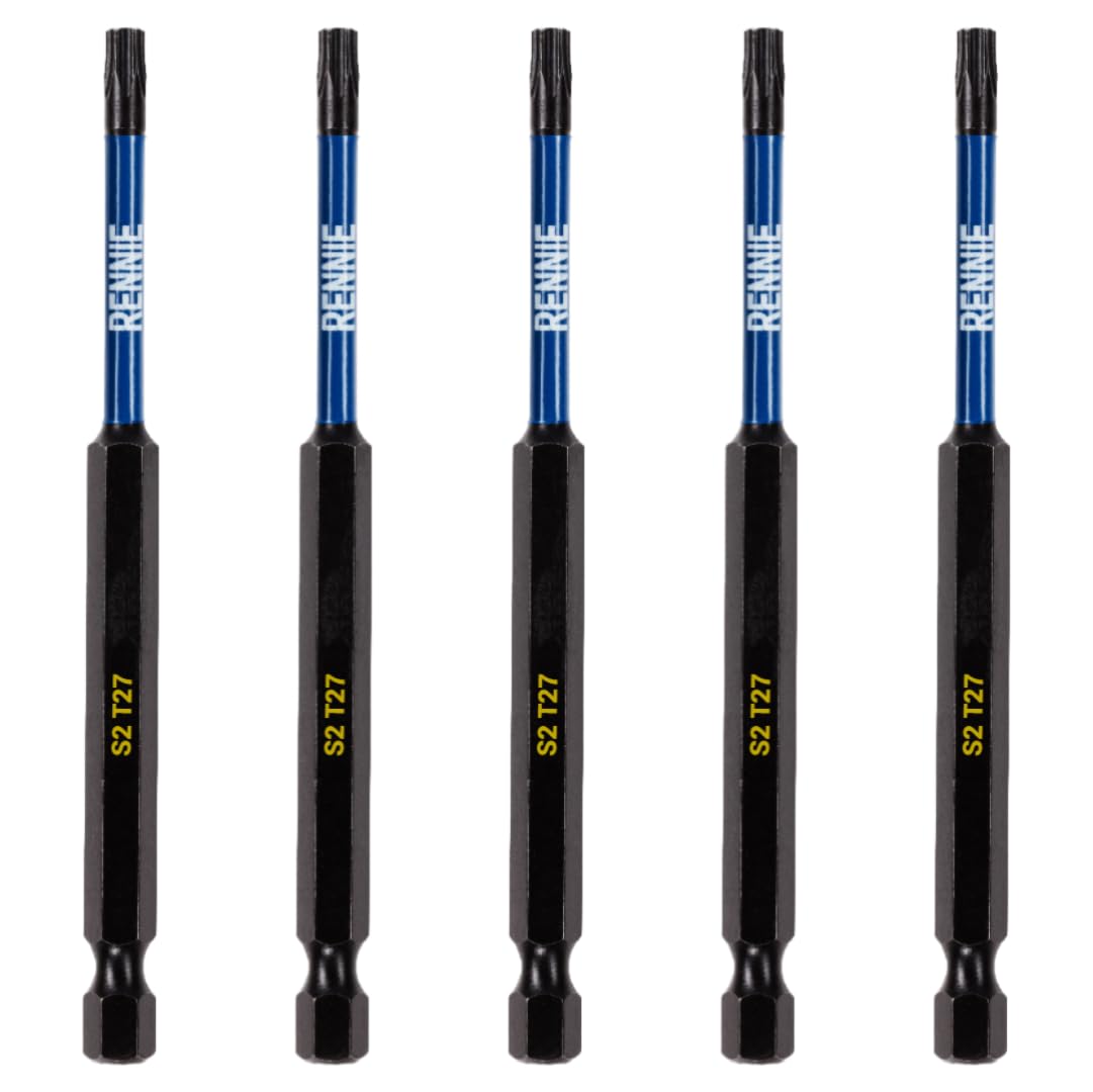 5 x Rennie Tools 100mm Long T27 TX27 Impact Screwdriver Driver Bits Set. Heavy Duty Magnetic Torx Screwdriver Bit Set. Black Oxide Coated Torx Impact Driver Bits. Torx Bit Set.