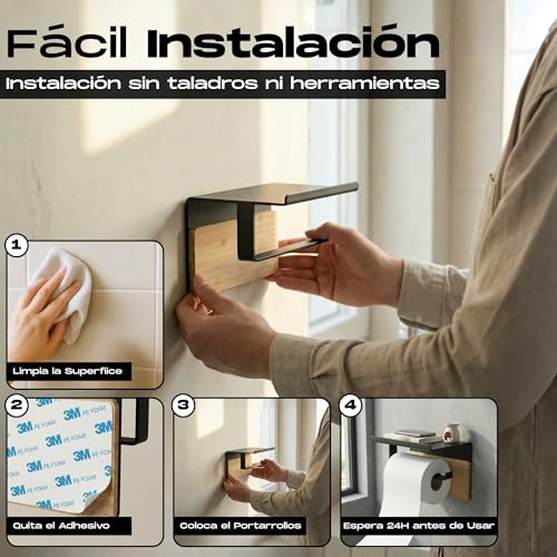 BYSER Adhesive Toilet Paper Holder with Shelf + 2 Hooks, Black Stainless Steel and Bamboo, Toilet Paper Holder Wall Without Drill, with Modern Bathroom Accessories