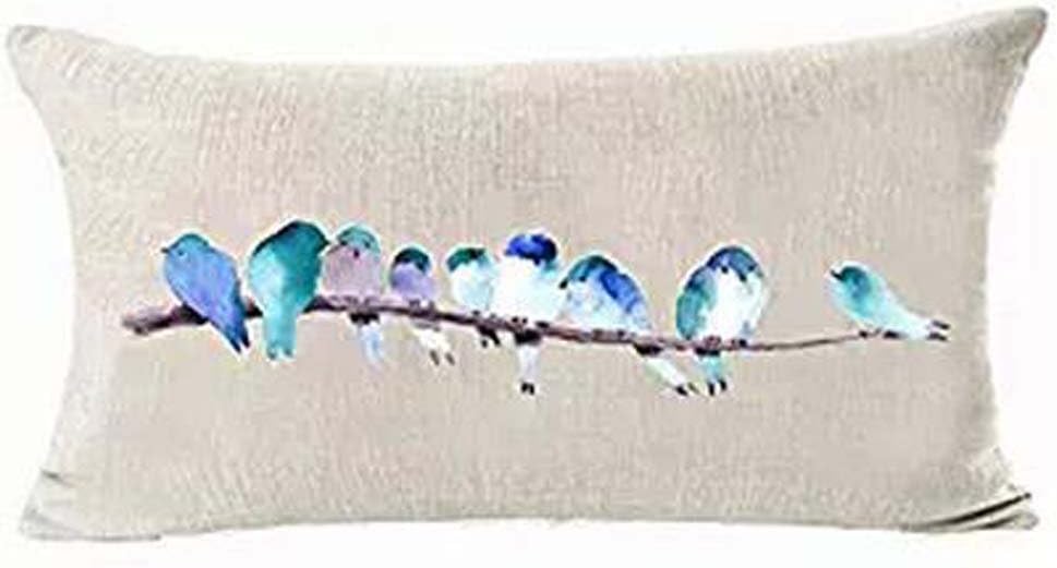 Cute Watercolor Lovely Blue Birds in Tree Branch Beige Ground Cotton Linen Throw Lumbar Waist Pillow Case Cushion Cover Home Office Decorative Rectangle 12 X 20 Inches ¡­