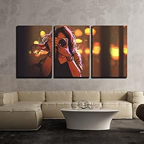 3 Piece Canvas Wall Art - Illustration - Painting of Woman with Camera on Night City Background,Illustration - Modern Home Art Stretched and Framed Ready to Hang - 16"x24"x3 Panels