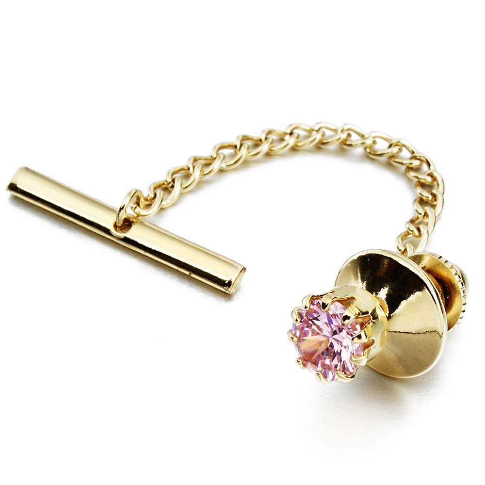 HAWSON Mens Crystal Tie Tack with Chain Gold Tie Pin for Men Women Party Wedding Accessories Flower (Pink)