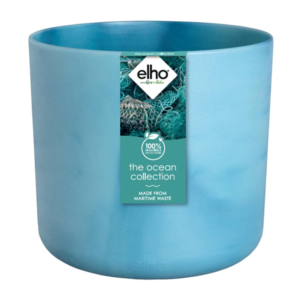 elho The Ocean Collection Round 16cm - Flower Pot Indoor - 100% Recycled - Made with Marine Waste - Blue/Atlantic Blue