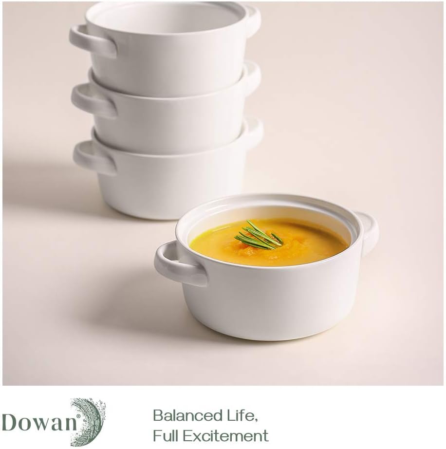 DOWAN Soup Bowls with Handles, 24 ounces Ceramic Serving Soup Bowl Set for kitchen, White French Onion Soup Crocks Oven Microwave Dishwasher Safe, Large Stackable Handled Bowls Set of 4: Health & Personal Care