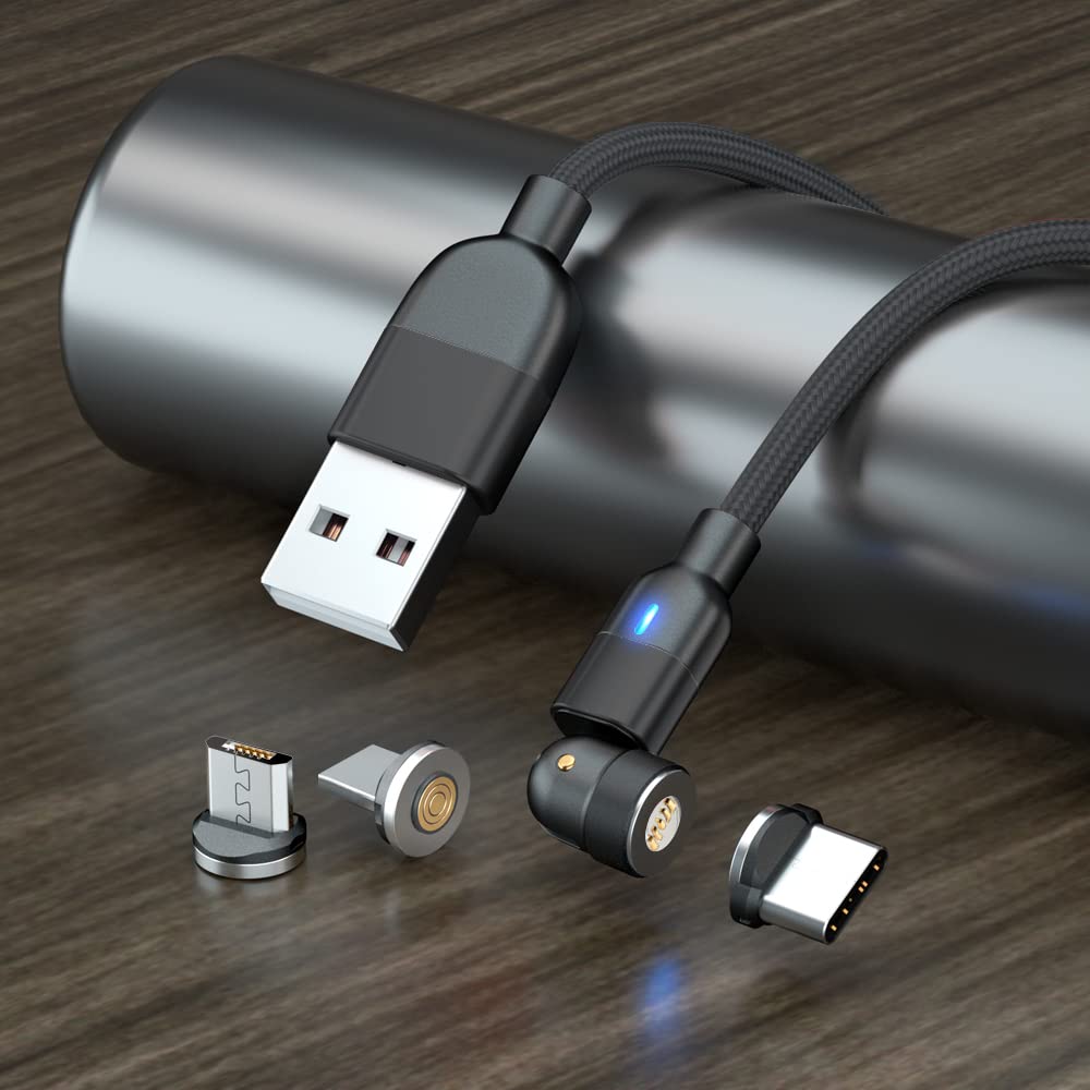 M & B Charger Cable Magnetic 3.1Amp 540° Rotation 3 in 1 Multi Magnet Nylon Braided USB Charging Cable for Micro USB and Type C (1M, Black)