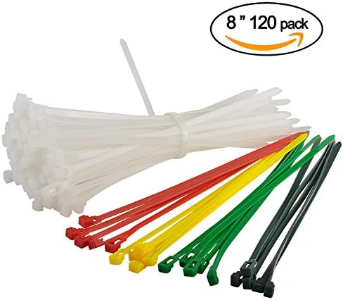 120 PACK Reusable Nylon Cable Zip Ties, 8" Strong Durable Heavy Duty Zip Cable Ties,White+Multi colors Great for Indoor and Outdoor Use by Kovano