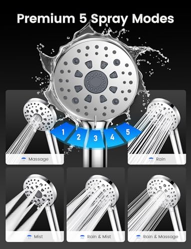 FEELSO Hard Water Filter Shower Head, 15 Stage Shower Filter, 5+2 Spray Modes High Pressure Shower Heads and 1.5M Hose, Universal Handheld Filtered Shower Head for Remove Residual Chlorine - Silver