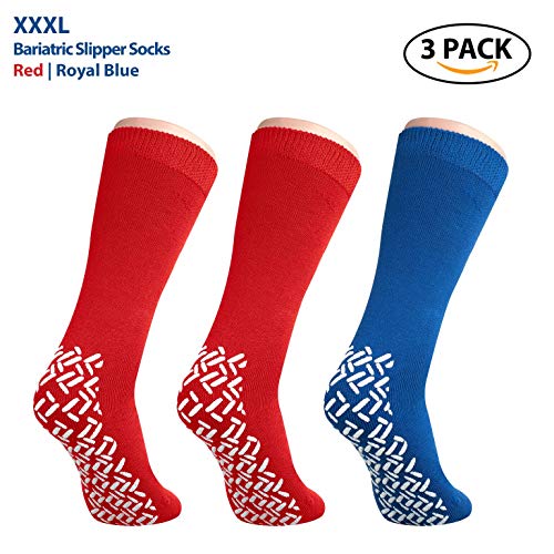 Pack of 3 Pairs - XXXL Non-Skid Bariatric Extra Wide Slipper Socks for People with Diabetes/Edema (2 Pairs of Red 1 Pair of Blue)