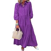 Casual Cotton Dresses for Women with Loose Fit,Women's Solid Color Lapel Neck Button Down 3/4 Sleeve Shirt Dress