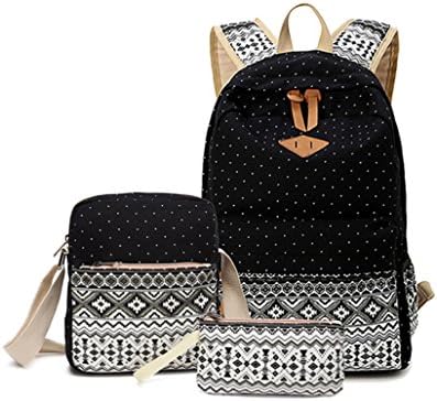 Feteso Teens Girls Canvas Backpacks Set 3 Pieces Bookbag School Backpack Travel Bag (Black)