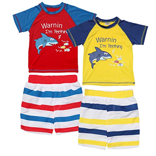 Sweet & Soft Baby Boys 4-Piece Rash Guard and Trunk Swimsuit Set (Infant/Toddler) (Teething Shark, Toddler (3T))'