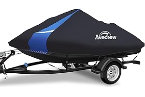 Avecrew Jet Ski Cover Waterproof - 250D Trailerable PWC Cover Fits Yamaha Seadoo Kawasaki Personal Lightweight Watercraft Boats with Two Air Vents| Length Range: 115'' to 120''