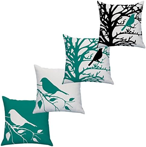 LAZAMYASA Square Cartoon Bird Printed Cushion Cover Cotton Throw Pillow Case Sham Slipover Pillowslip Pillowcase For Home Sofa Couch Chair Back Seat,4PCS,Teal Green,22x22in