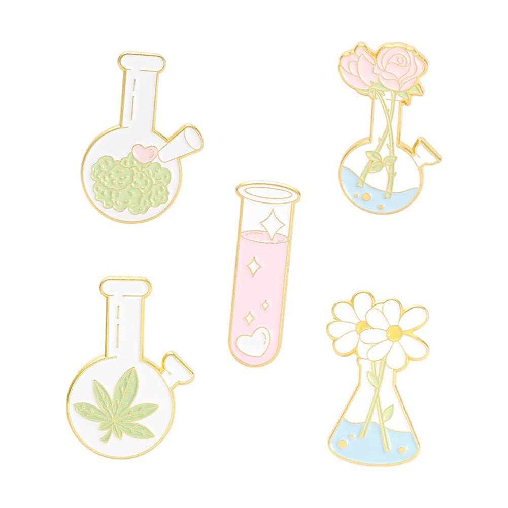 5Pcs Metal Exquisite Chemical Test Tube Pink Flower Shape Brooch Lapel Pin Plant Series Badge Enamel Pin Brooches