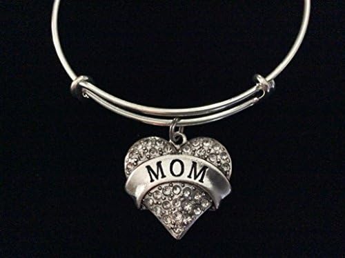 Mom Expandable Charm Bracelet Crystal Heart Adjustable Silver Charm Bangle Rhinestone Heart Gift Birthstone and Initial Charm Options Available