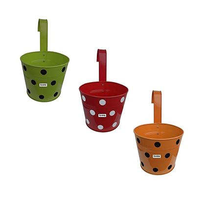 Kraftsplanet Garden Decor Set of Three Polka Design Railing with Detachable Hooks and Handle Planter c ntainer yry hfy fhfyfy