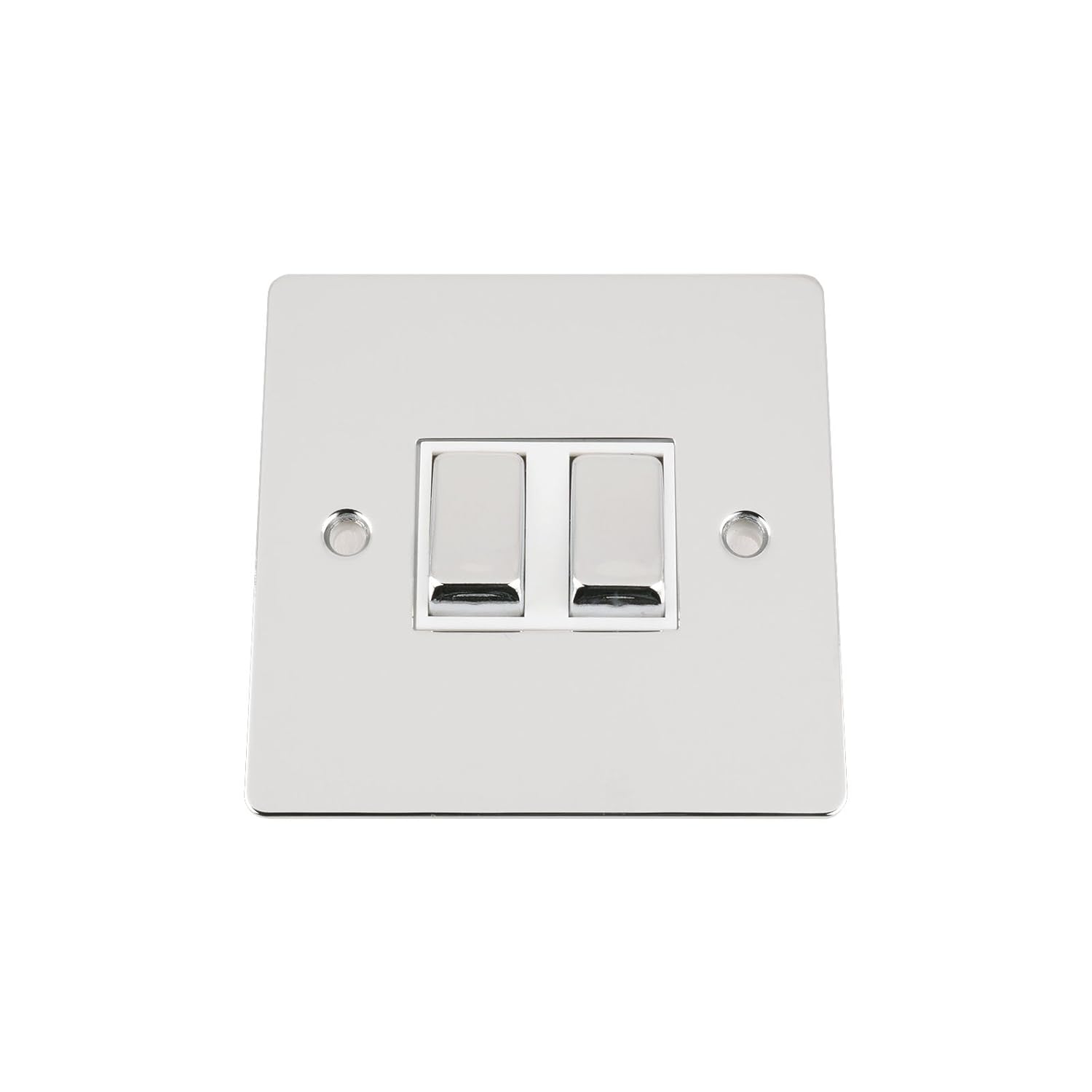 Light Switch Double 2 Gang - Polished Chrome Flat - White Insert - Metal Rocker Switch - 10 Amp 2 Gang 2 Way