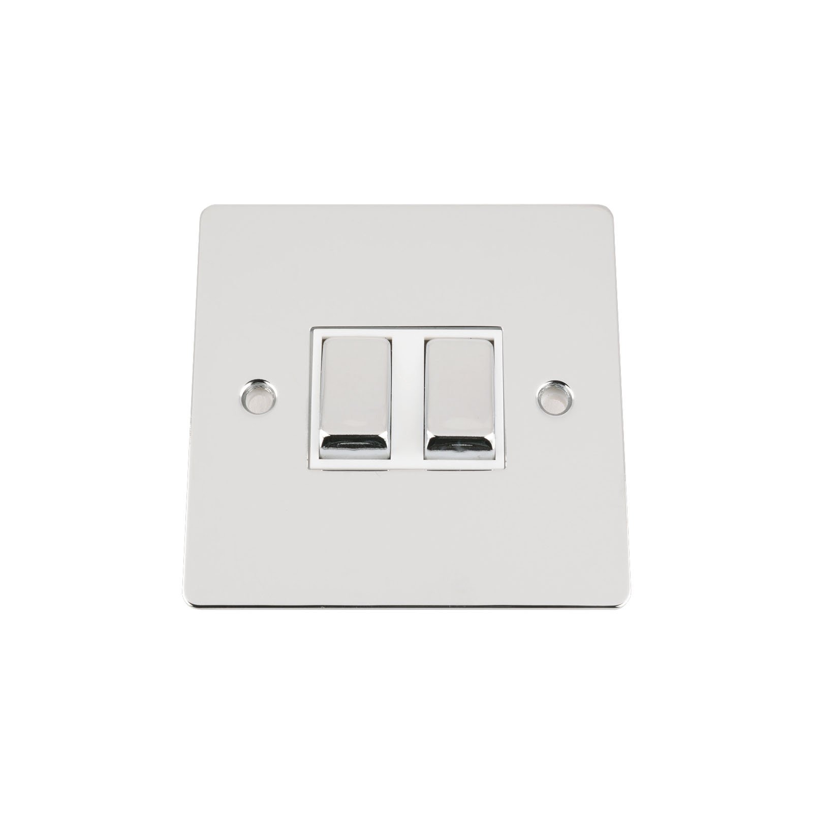 Light Switch Double 2 Gang - Polished Chrome Flat - White Insert - Metal Rocker Switch - 10 Amp 2 Gang 2 Way