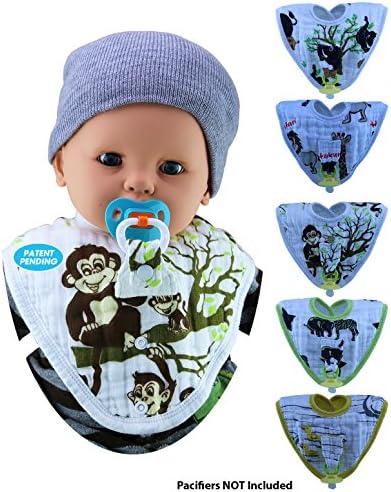 ChaBabee 2-in-1 Muslin Zury Oval Large Bibs – Cleverly Designed with a Pacifier/Teether Holder That is Practical, Safe, and Effective – Drooling and Teething – 5 Pack Unisex for Boys and Girls