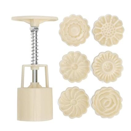 Hand Pressure Maker Mould+ 8 Pcs 100g Flower Stamps Mode Plunger Kit Baking Pastry Decor Tool Plastic Cookies Cutter Moon Cake Mould Kitchen DIY Bakeware Molds 9pcs/Set Round Mooncake Mold