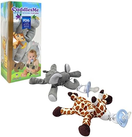 Maven Gifts: CuddlesMe Pacifier 2-Pack – Pacifier with Detachable Plush Giraffe and Pacifier with Detachable Plush Elephant – Ages 6 Months and Up