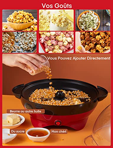 FOHERE Pop Horn Machine, 5.5 L Pop Corn, Removable Tray, Non-stick Coating, Quiet and Quick, Transparent Lid Can Be Used As a Container (Red)