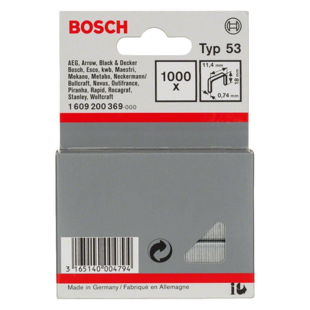 Bosch Professional 1000x Fine Wire Staple Type 53 (Natural Materials, Textiles, Carton, 11.4 x 0.74 x 18 mm, Accessories Tacker, Staple Gun)