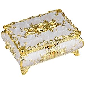 SUNYIK-Vintage-Enameled-Rectangular-Decorative-Collectible-Jewelry-Trinket-Box-for-WomenWhite-with-Golden-Rose-Flower