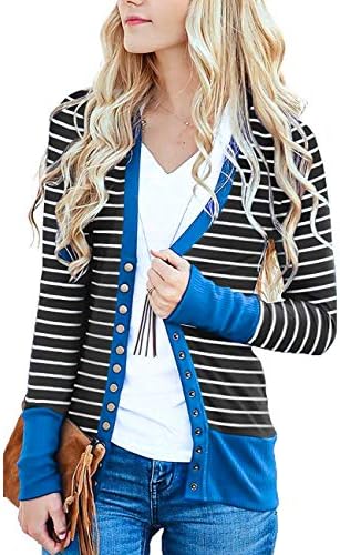 Faatoop Women's V-Neck Button Down Knitwear Long Sleeve Striped Soft Basic Knit Snap Cardigan Sweater