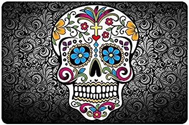 FunkyHome Sugar Skull and Flower Background Doormat, Indoor/Front Door/Bathroom Mats, Short Plush Entrance Mat Rug Non Slip Rubber (23.5x15.7 Inch)