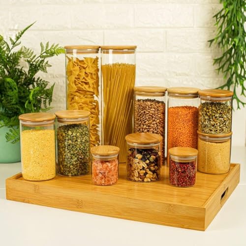 Conjunto de 11 Potes de Vidro Herméticos com Tampa de Bambu – Organizadores de Mantimentos para Cozinha – Recipientes para Grãos, Cereais, Café e Temperos – Potes de Vidro com Vedação de Silicone