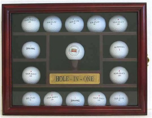 15 Golf Ball Display Case Holder Wall Cabinet, Hole-In-One Plate, (Cherry Finish)