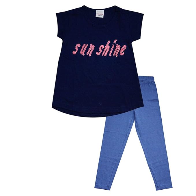 Raine & Jaine Girls 100% Cotton Ribbon Embor Tee and Leggins Set in Multi Color