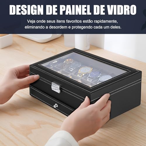Gavzrt Caixa de Relógio com 12 Compartimentos, Caixa para Relogio, Porta Relógio Masculino, Porta Joias Masculino, Caixa de Exibição de Relógio de 2 Camadas com Tampa de Vidro Grande, Caixa de Joias