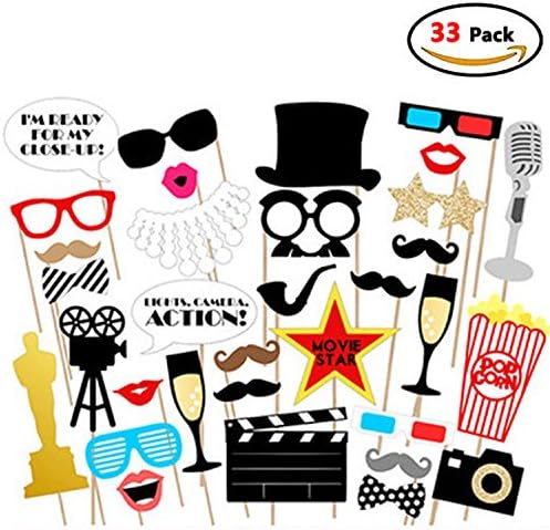 Hollywood Photo Booth Props Kit, Paper Movie Photo Props for Wedding, Birthday, Bachelorette Party Decoration,Sexy Lips, Mustache,Movie Sign and Clapboard Accessories,Pack of 33