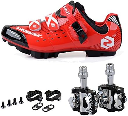 KUKOME MTB Cycling Shoe Mountain Bike Shoes &amp; Pedals Cleats Men Women (Red-Black + Black,US8/EU41/Ft25.5cm)