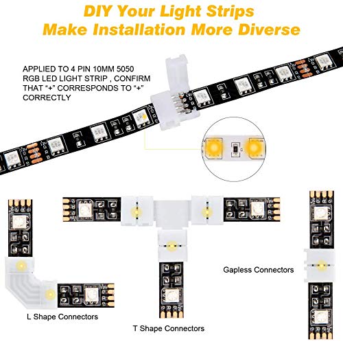 46 Pcs RGB LED Light Strip Connectors Kit, 4Pin LED Connector 10mm Gapless Solderless Adapter, L Shape Connectors,T Shape Connectors for SMD 5050 LED Strip with 10 Led Strip Clips, Pry Open Tool