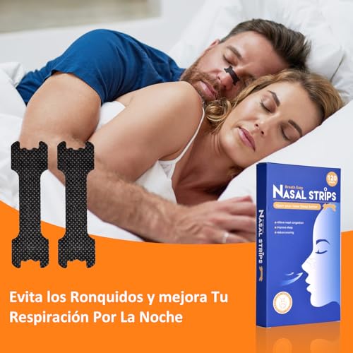 Tiras Nasales Antironquidos - 120 Nasal Strips para Alivio Instantáneo de la Congestión, Mejor Respiración y Sueño, Ideales para Deporte, Mejoran la Oxigenación - Hipoalergénicas y Seguras para la Piel (Negras)