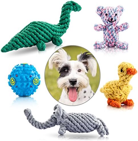 Felicificer Pet Dog Chew Toys, 4 pcs of Animal Design Cotton Rope Puppy Chew Toys with a Funny Ball for Small to Medium Doggies, Interactive Indoor Outdoor braided rope dog toys (Set of 5)