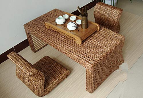 HUAWELL Japanese Style Handcrafted Eco-Friendly Breathable Padded Knitted Tea Table + 2 Seat Floor Cushions Set,Hand Woven Tatami Coffee Table and Floor Cushion (Chair)