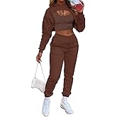 Women's Sexy 3 Piece Tracksuits - Long Sleeve Pullover Crop Top Hoodie +Tank Top+Drawstring Long Pants Sweatsuit