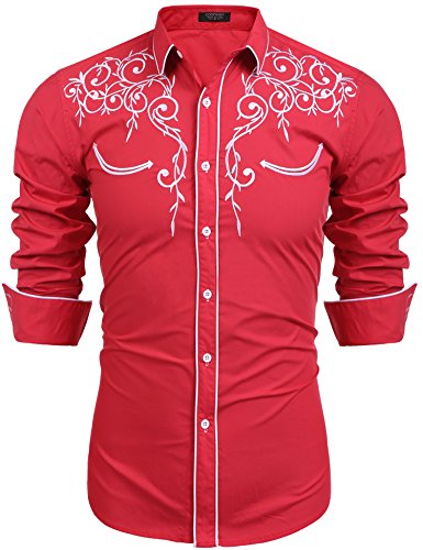 COOFANDY Men's Long Sleeve Shirt Embroidery Slim Fit Casual Button Down Shirt,Medium,01-red